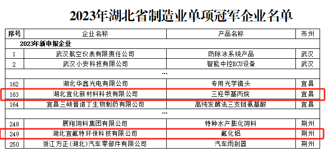 宜化新材料、宜氟特環(huán)保公司獲評2023年湖北省制造業(yè)單項冠軍企業(yè)(圖1)