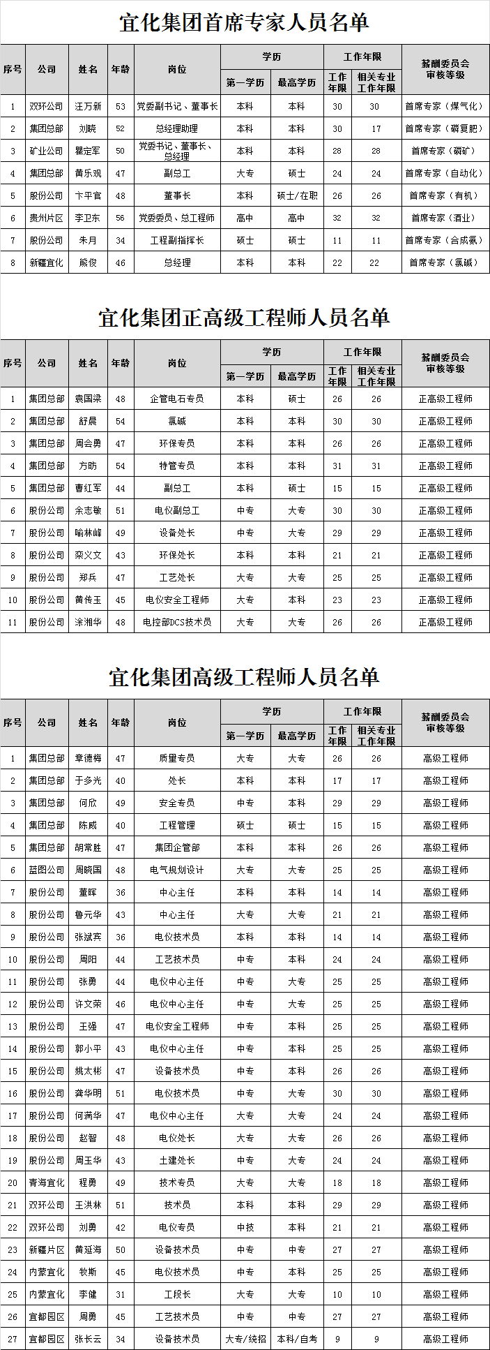 宜化集團(tuán)首席專家、正高級工程師、高級工程師評審結(jié)果公示